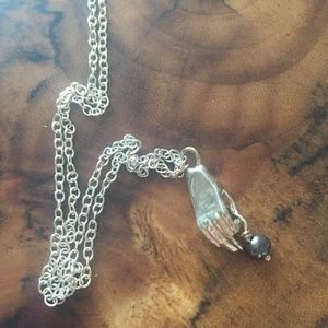 Sterling Silver Hand Necklace w/ Black Pea…